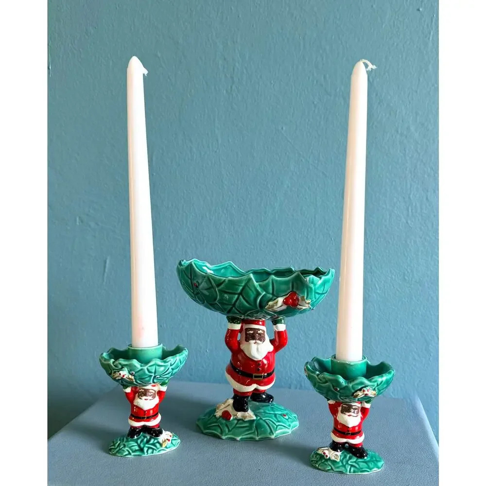 Vintage 1962 Napco Black Santa Claus Ceramic Console Set - Rare Mid Century